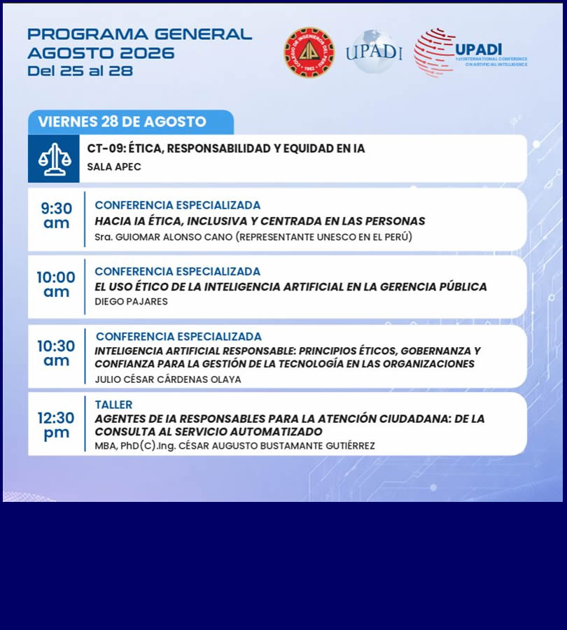 Programa oficial de la conferencia internacional de inteligencia artificial UPADI, agosto 2026, con el taller dictado por César Bustamante